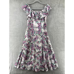 Betsy Johnson Dress 8 Mauve Pink Floral Gauze Midi‎ Lined Elastic Ruffle Neck